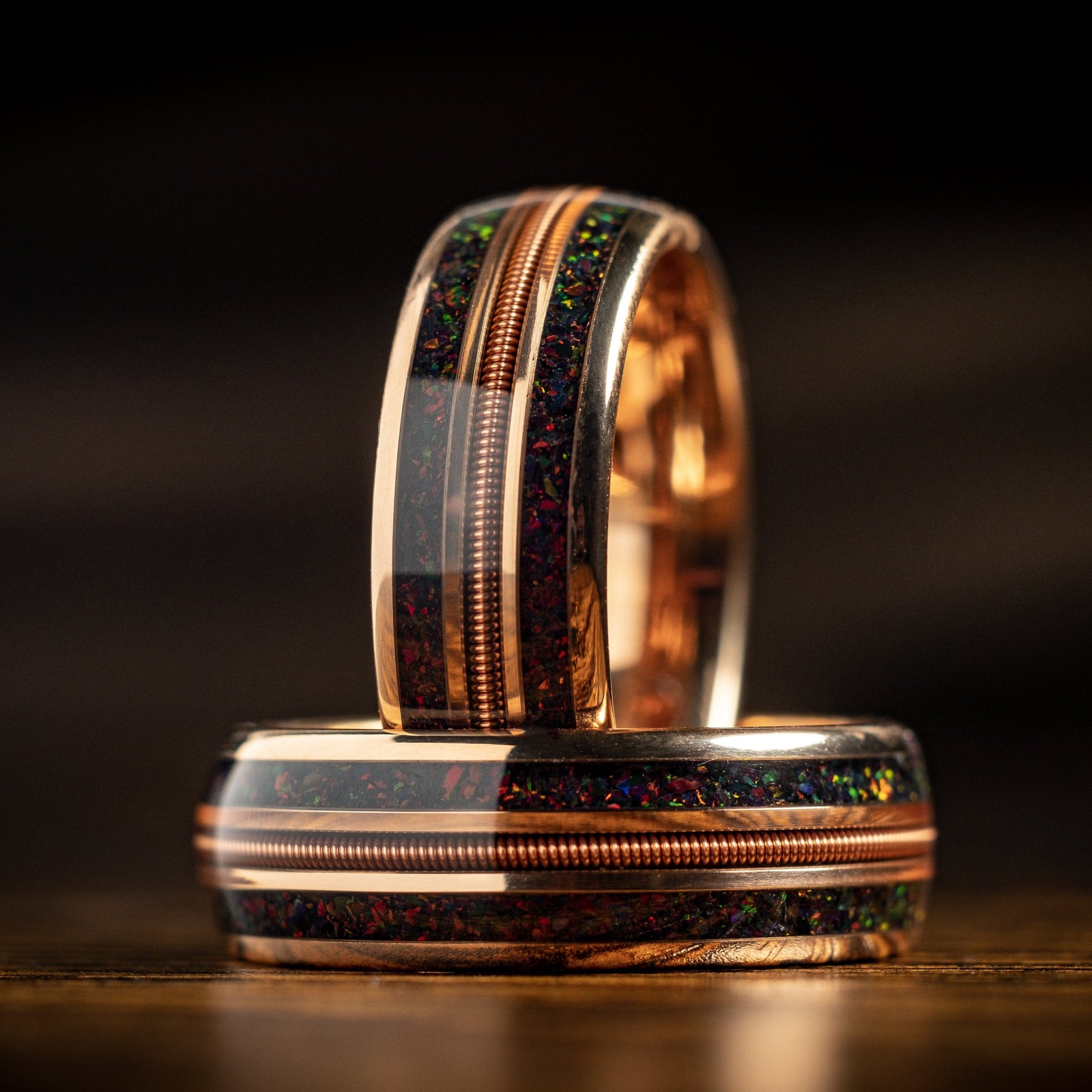 Rose gold ring X Guitar string and dark red opal