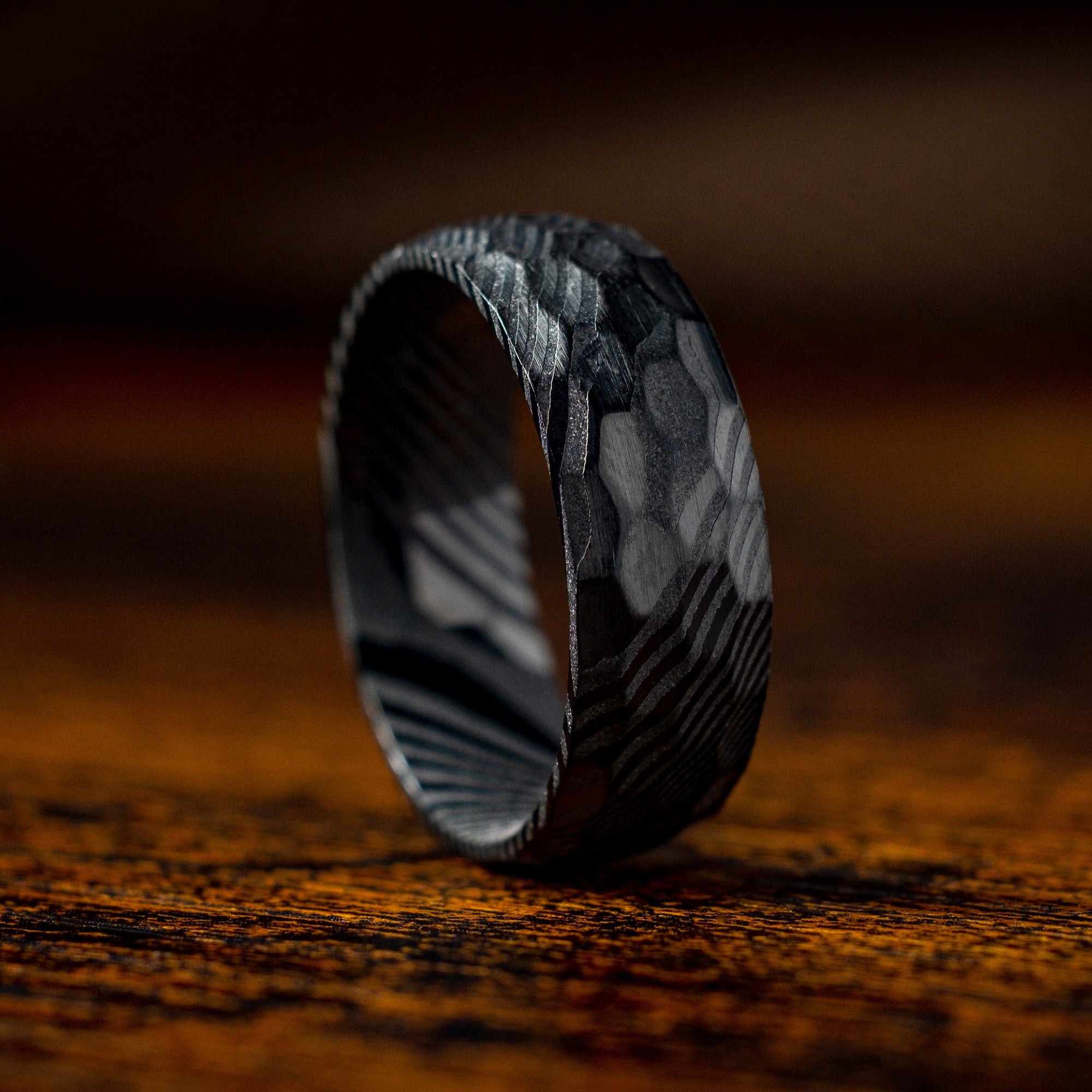 Black Hammered Damascus Ring