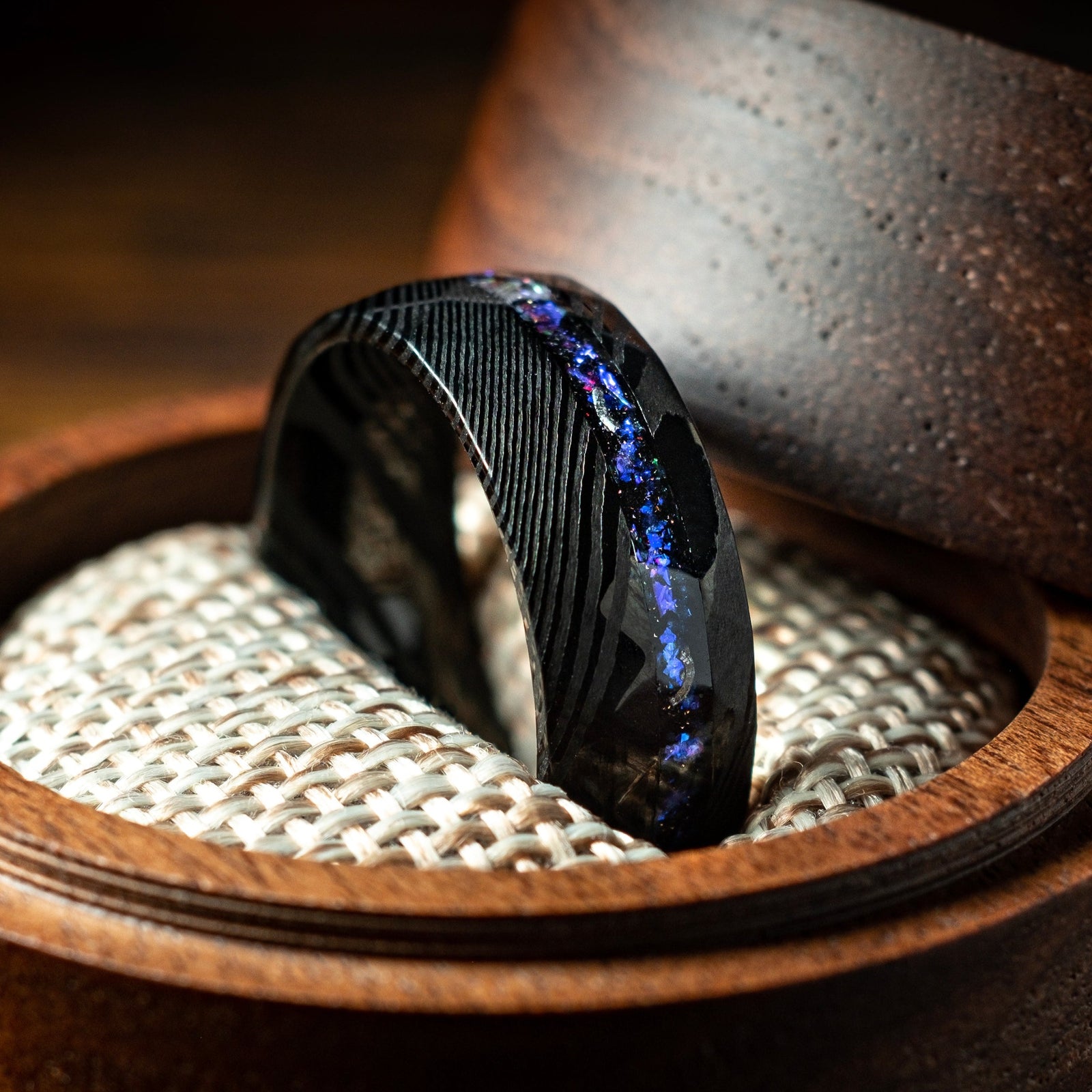 Sand Stone Rings Nebula | Damascus Meteorite & Blue Sandstone Ring - Rings By Krama