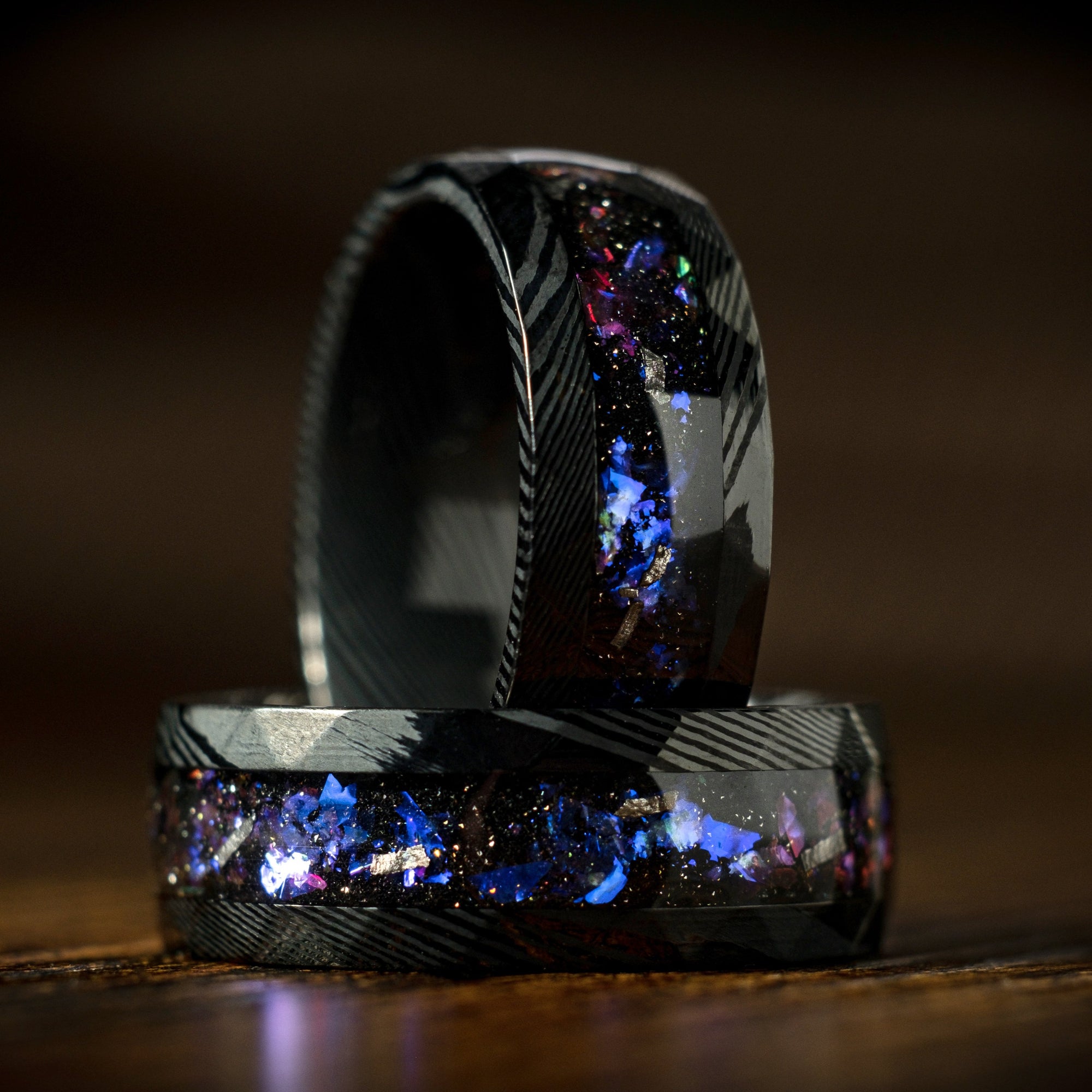 Nebula Wide | Damascus Meteorite & Blue Sandstone Ring