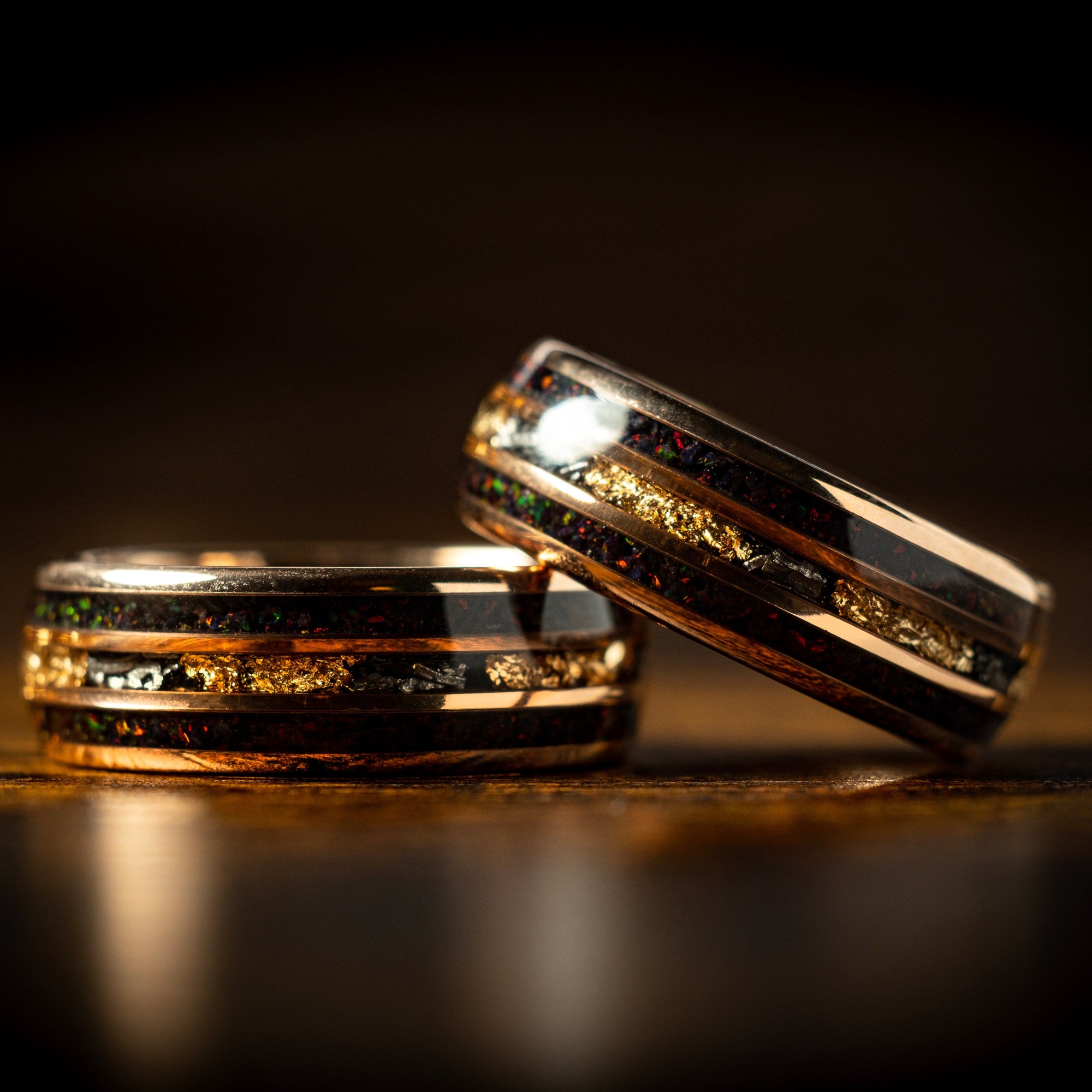 Rose Gold Ring X Meteorite and Gold Leaf with Dark Red Opal