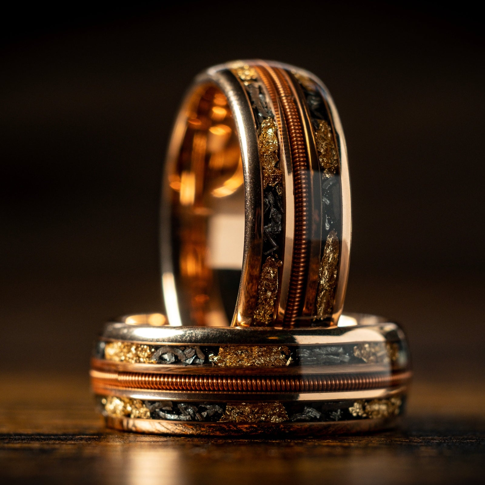 Rose Gold X Guitar String with Meteorite and Gold Leaf Ring