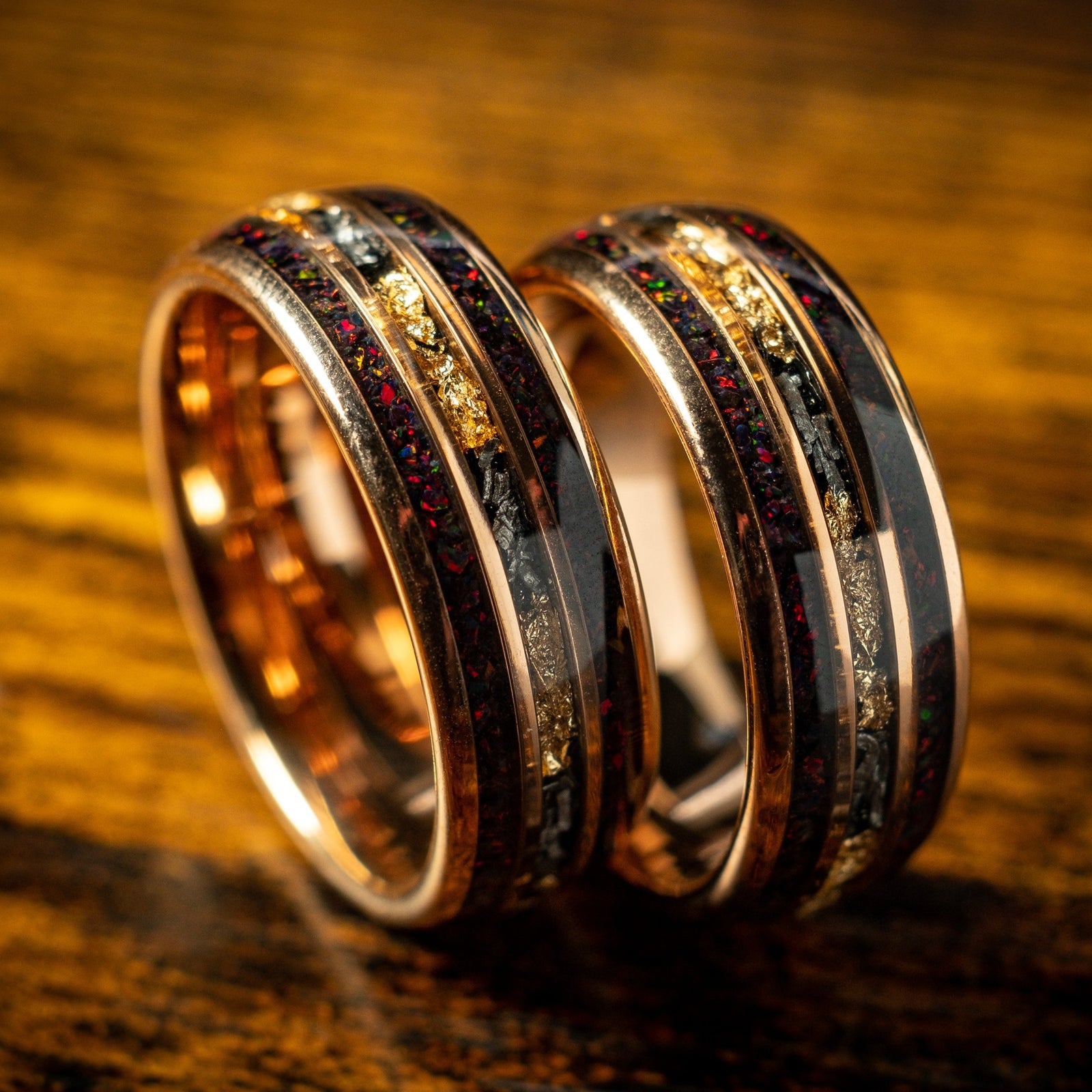 Rose Gold Ring X Meteorite and Gold Leaf with Dark Red Opal