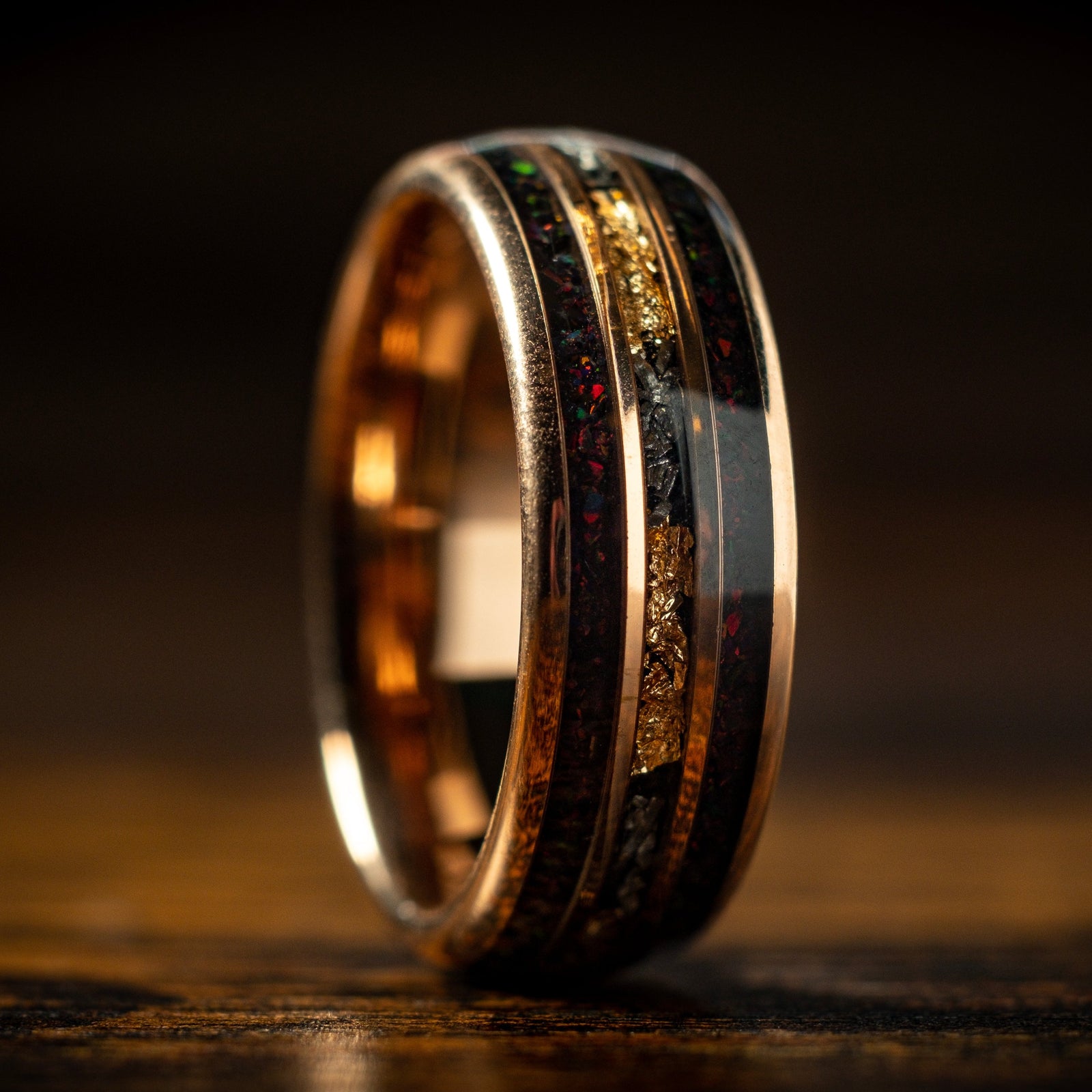 Rose Gold Ring X Meteorite and Gold Leaf with Dark Red Opal
