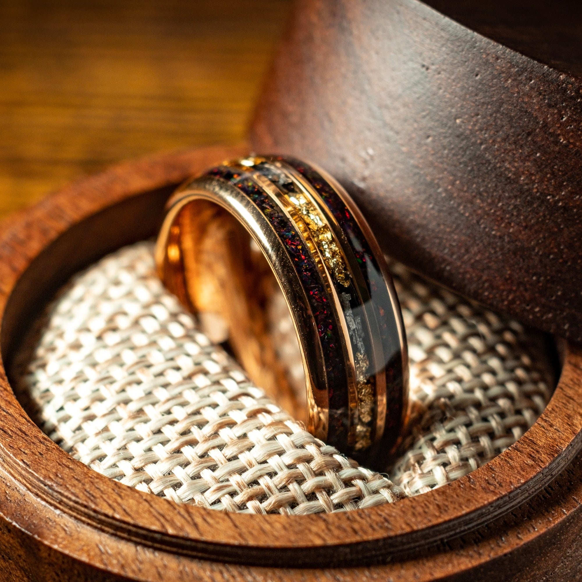 Rose Gold Ring X Meteorite and Gold Leaf with Dark Red Opal