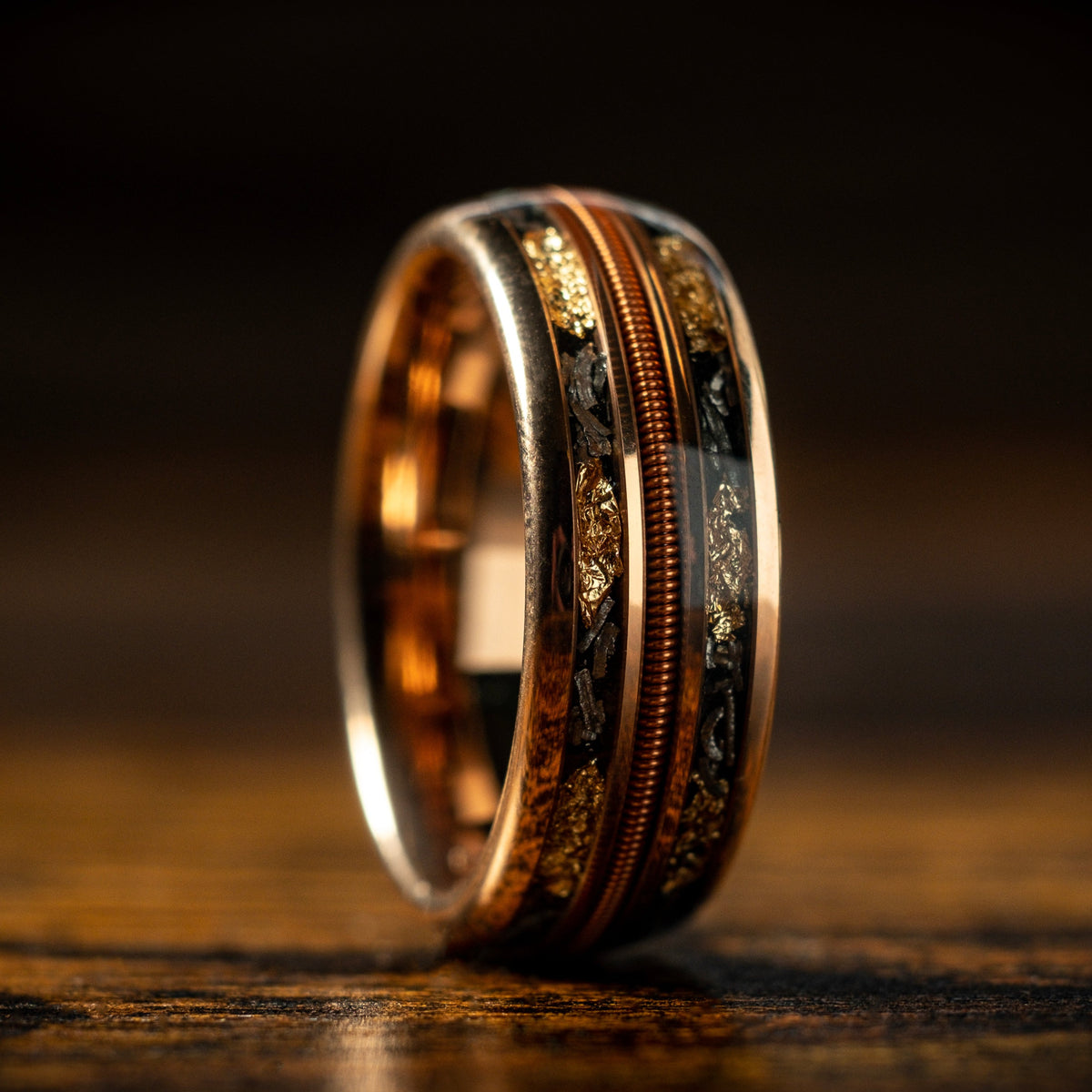 Rose Gold X Guitar String with Meteorite and Gold Leaf Ring