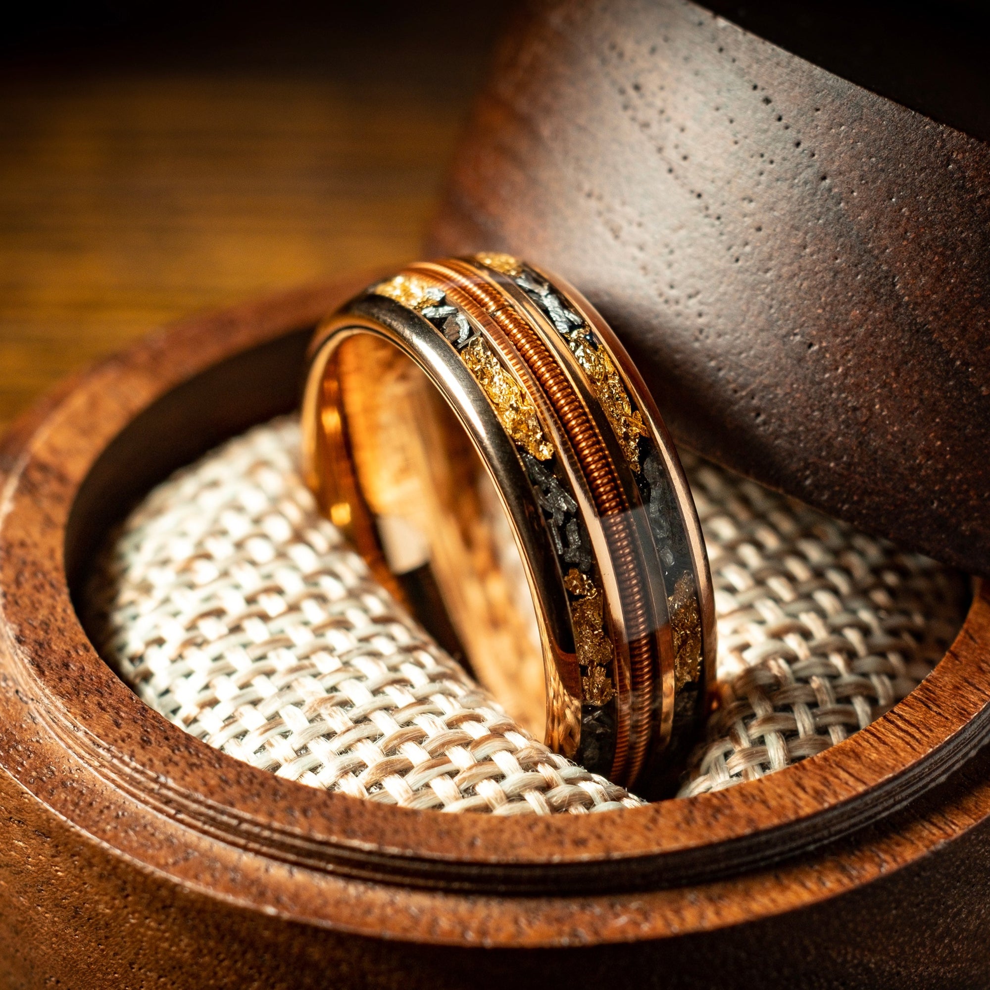 Rose Gold X Guitar String with Meteorite and Gold Leaf Ring