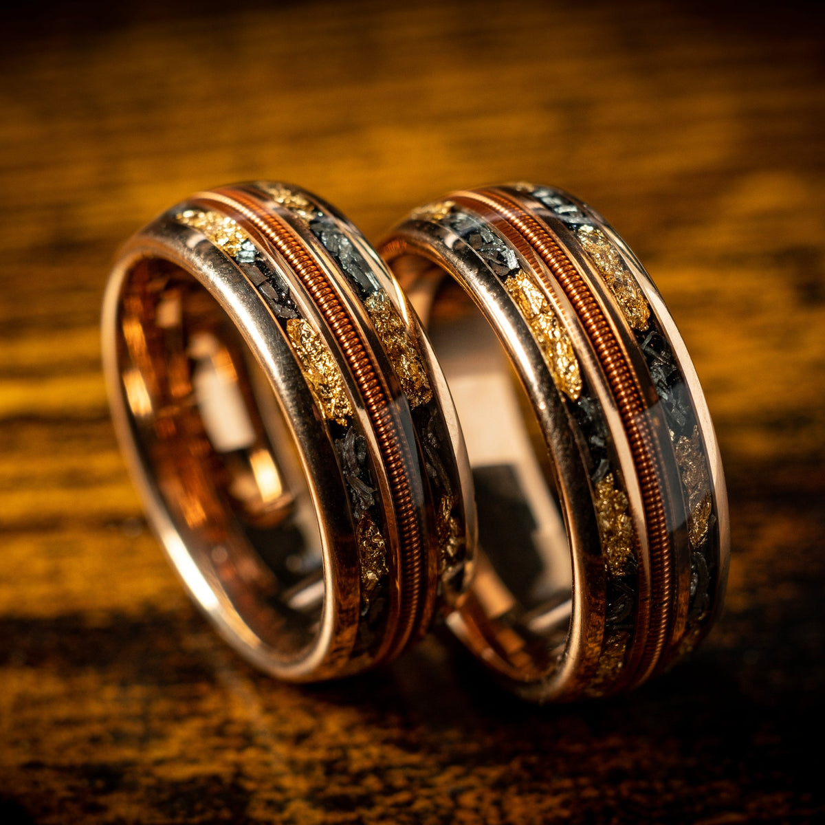 Rose Gold X Guitar String with Meteorite and Gold Leaf Ring