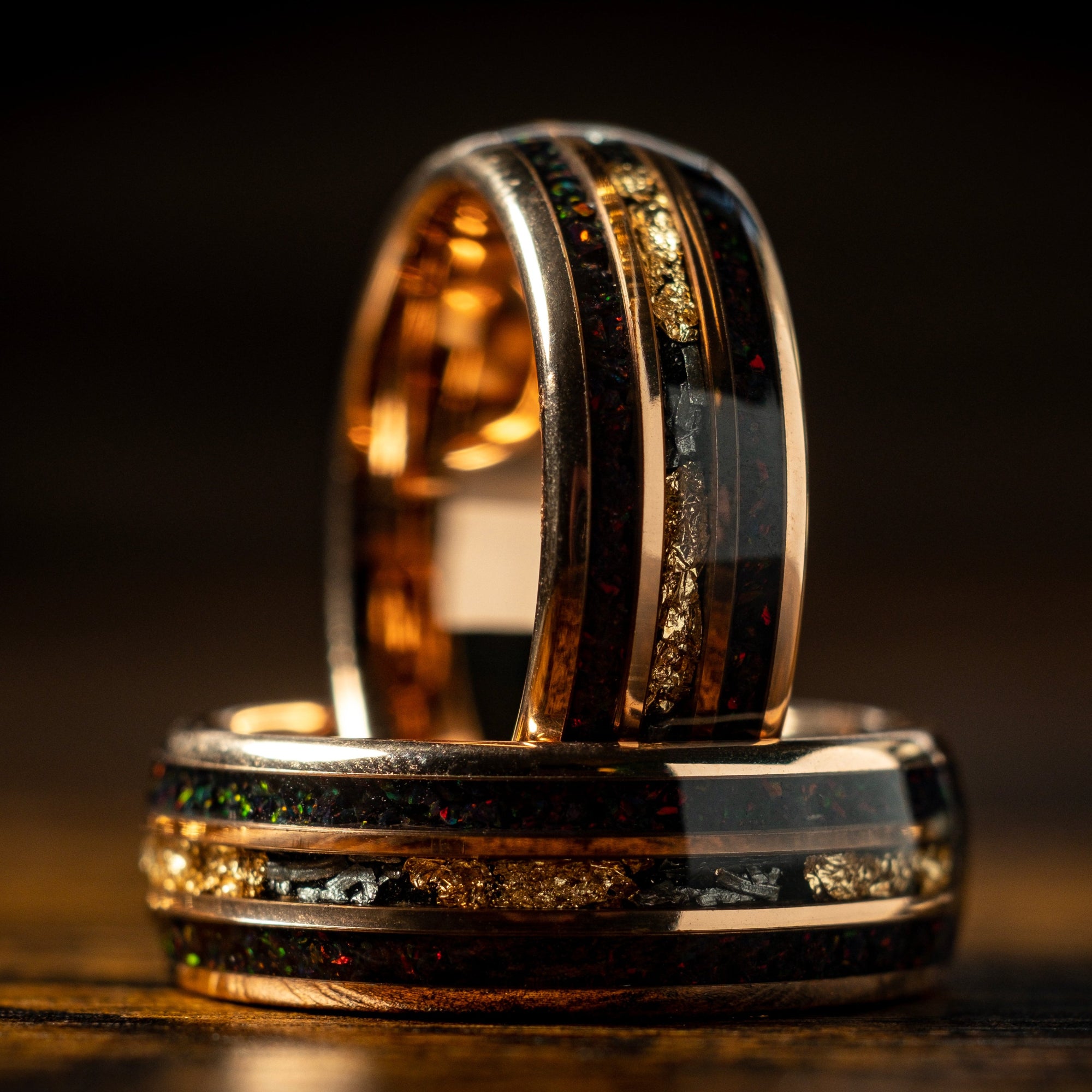 Rose Gold Ring X Meteorite and Gold Leaf with Dark Red Opal