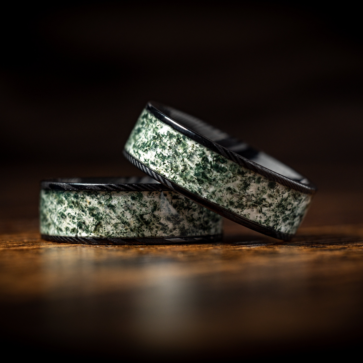 Moss Agate &amp; Damascus Steel Ring