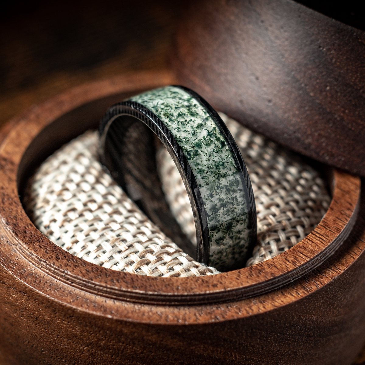 Moss Agate & Damascus Steel Ring