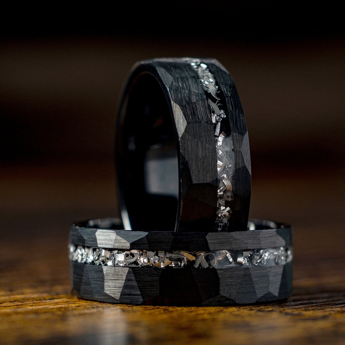 Black hammered ring with meteorite inlay