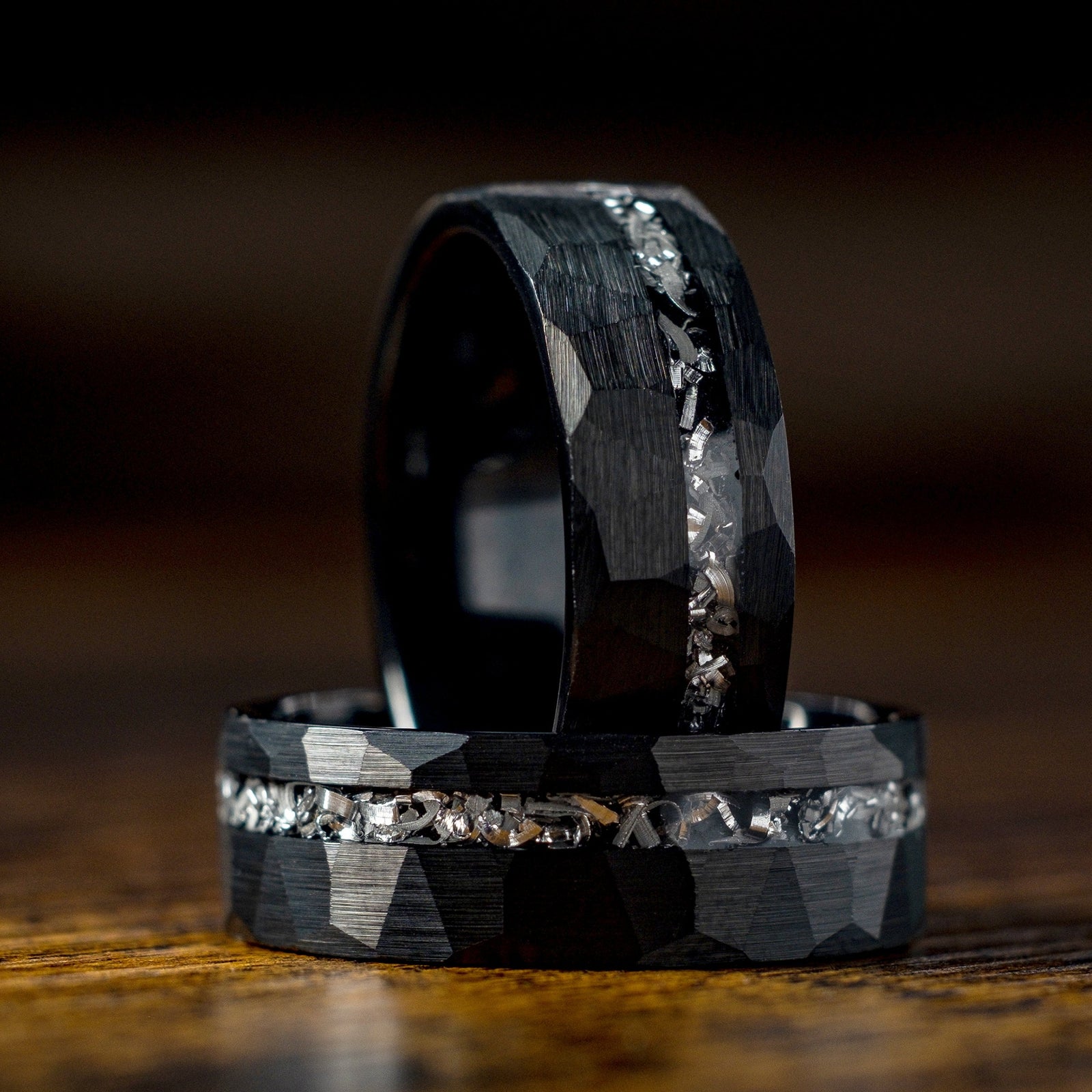 Black hammered ring with meteorite inlay