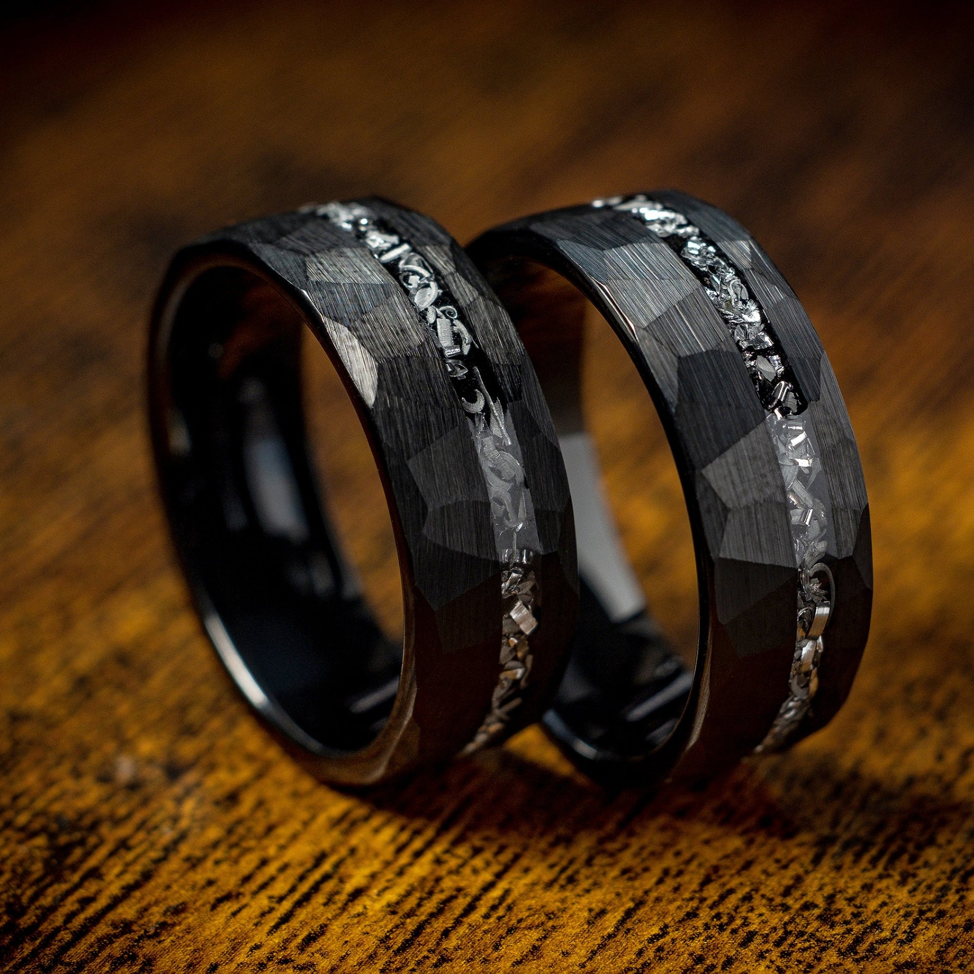 Black hammered ring with meteorite inlay