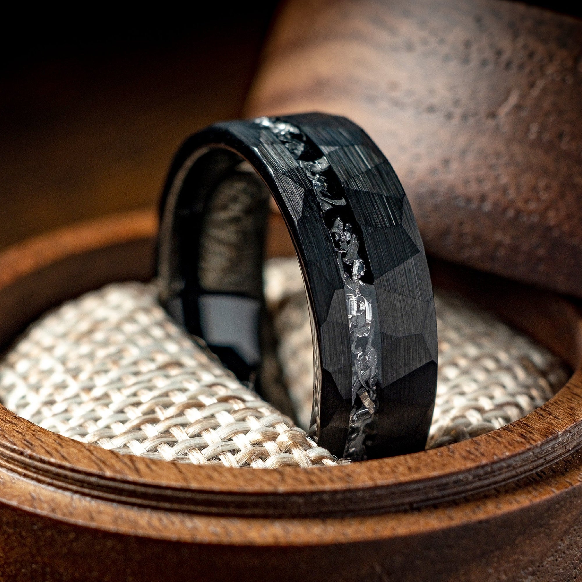 Black hammered ring with meteorite inlay